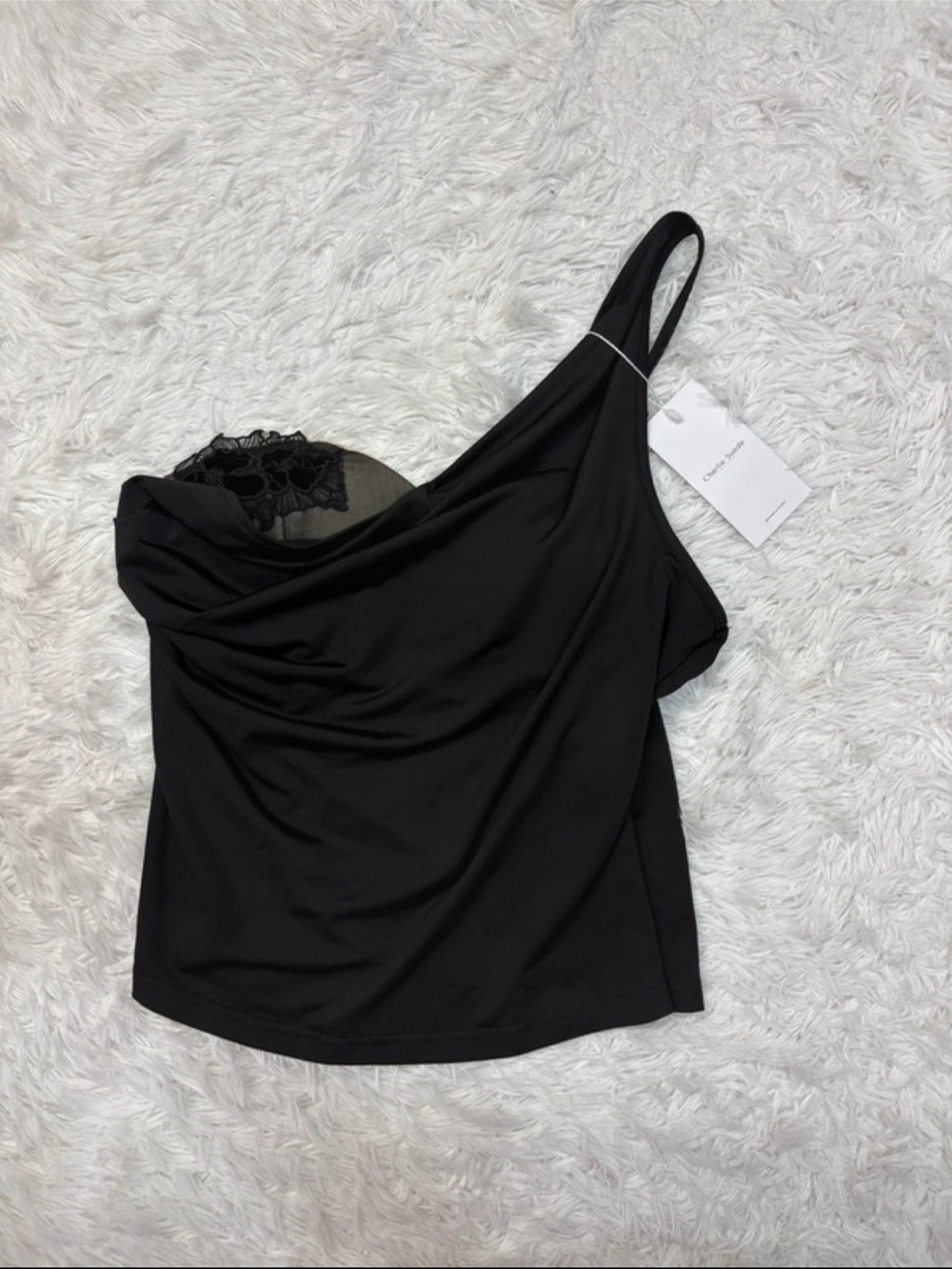 NWT Charlie suede London Black Draped Lace-Trim Top